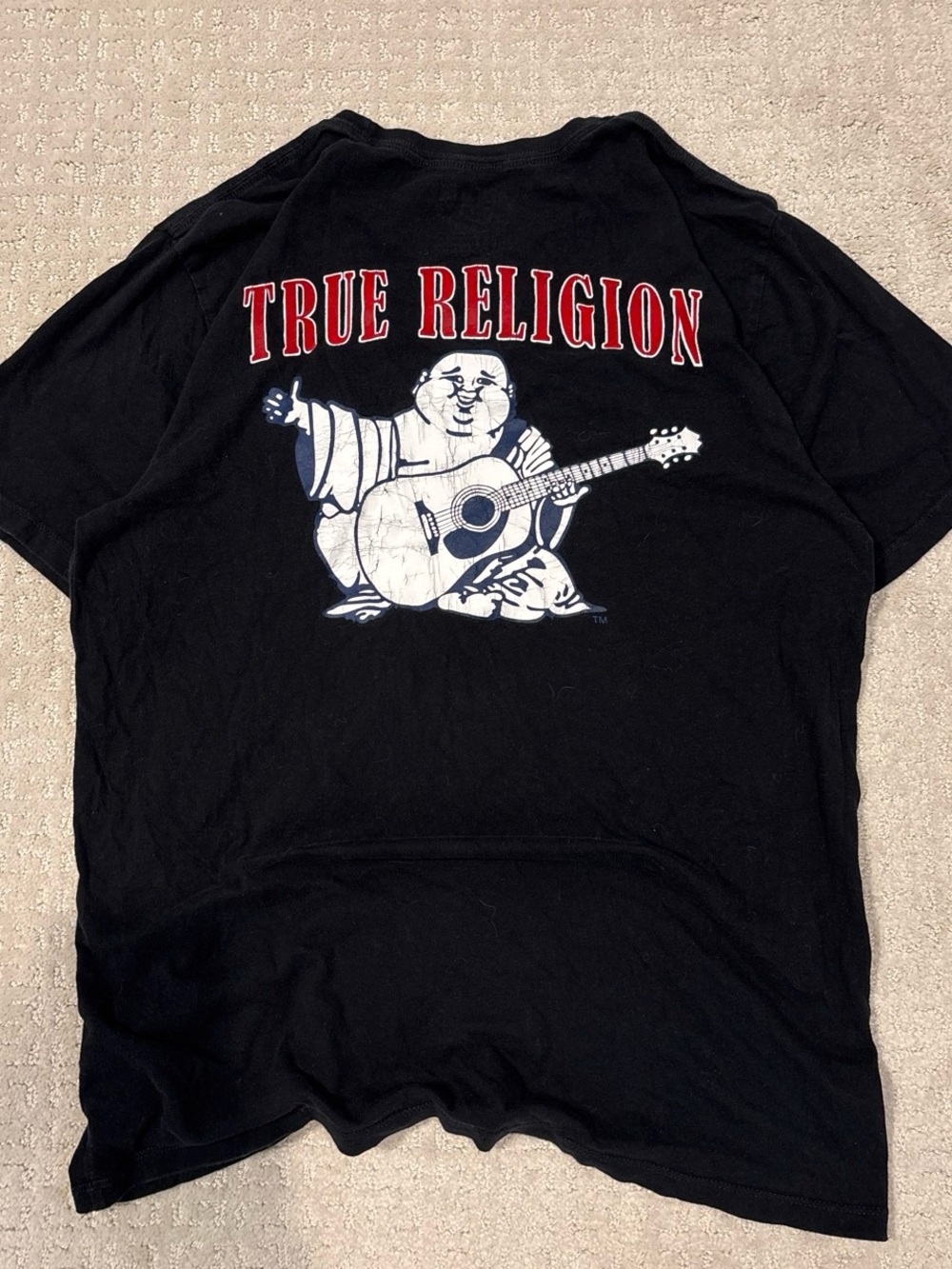True Religion Black Tee with White Buddha and Red Logo